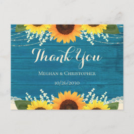 Cartão Postal Casamento Rustic Teal Wood Sunflower Obrigado