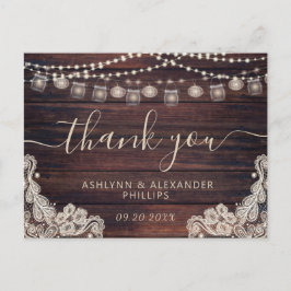 Cartão Postal Casamento Rustic Wood Lights Jars Lace Obrigado