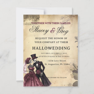 Cartão Postal Casamento Rústico de Esqueleto Gótico do Halloween