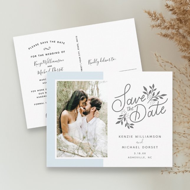 Cartão Postal Casamento Salve a Data Foto Script Botânico Azul (Criador carregado)