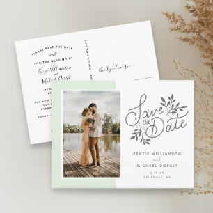 Cartão Postal Casamento Salve a Data Foto Script Botânico Verde
