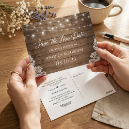 Cartão Postal Casamento Salve a Nova Data Luzes Rústicas Twinkle