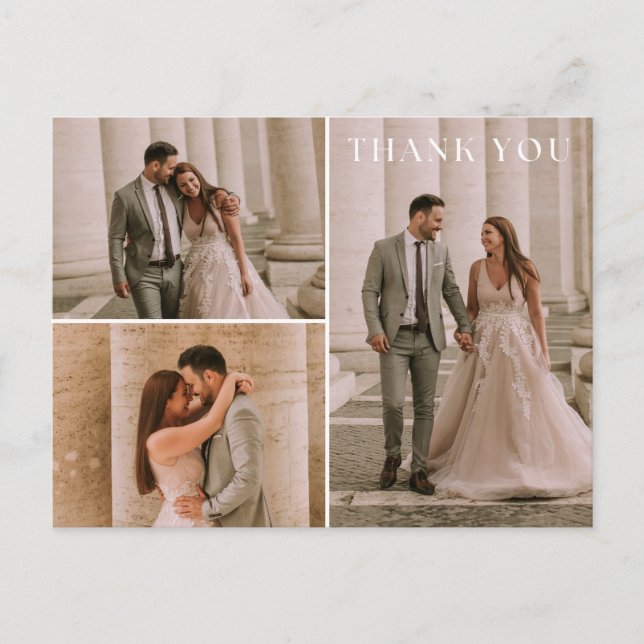 Cartão Postal Casamento Simples 3 Fotografias Obrigado (Frente)