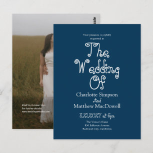 Cartão Postal Casamento Simples Chique 2 Código QR Foto Azul Inv