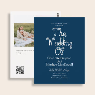 Cartão Postal Casamento Simples Código QR de Foto Chique Azul In