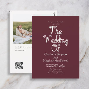 Cartão Postal Casamento Simples Código QR Foto Outono Burgundy