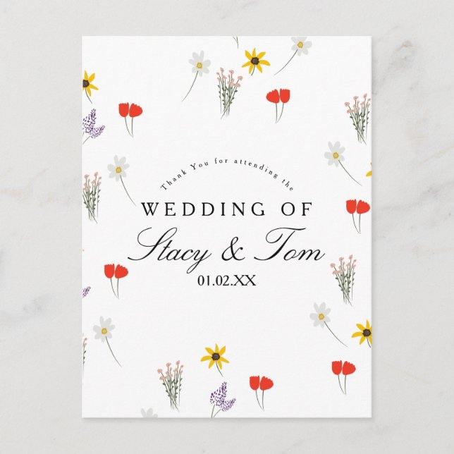 Cartão Postal Casamento Simples De Flores Selvagens - Obrigado (Frente)