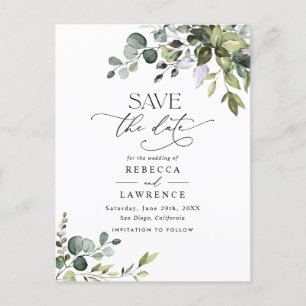 Cartão Postal Casamento Simples Eucalyptus Greenery Salvar a Dat