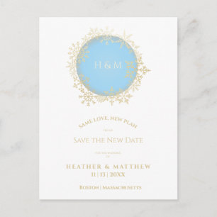 Cartão Postal Casamento sofisticado de floco de neve azul Dourad