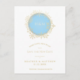 Cartão Postal Casamento sofisticado de floco de neve azul Dourad