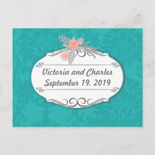 Cartão Postal Casamento tema damasco de Chartreuse Turquoise Mod
