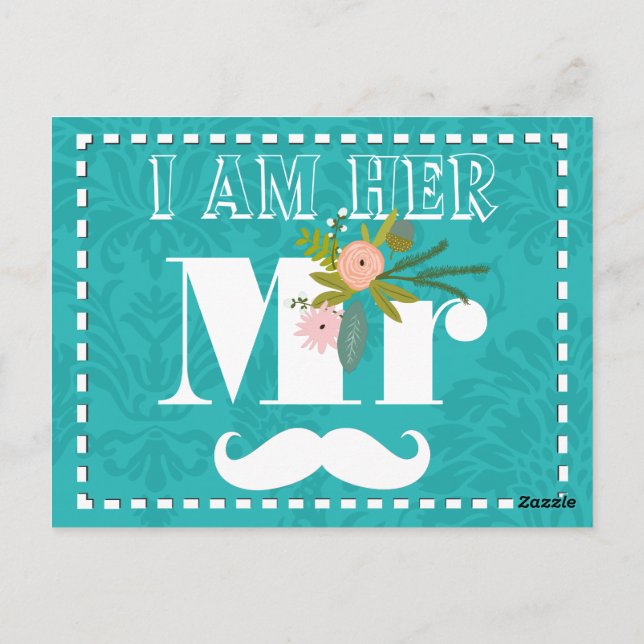 Cartão Postal Casamento tema damasco de Chartreuse Turquoise Mod (Verso)