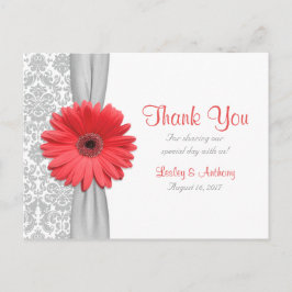 Cartão Postal Casamento tema damasco de Cinza Coral Gerbera Dais