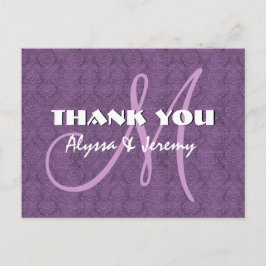 Cartão Postal Casamento tema damasco Roxo Obrigado Monograma N80