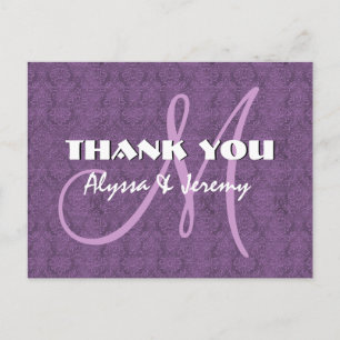 Cartão Postal Casamento tema damasco Roxo Obrigado Monograma N80