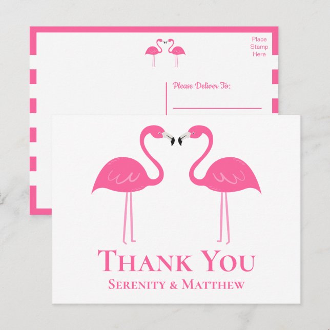 Cartão Postal Casamento Tropical Beach Pink Flamingo Obrigado (Frente/Verso)
