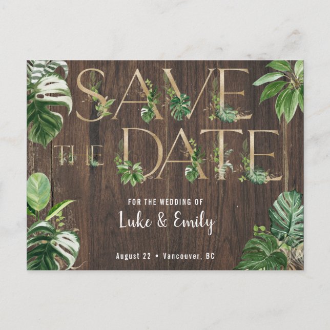 Cartão Postal Casamento Tropical Madeira e Rustic Salvar a Data (Frente)
