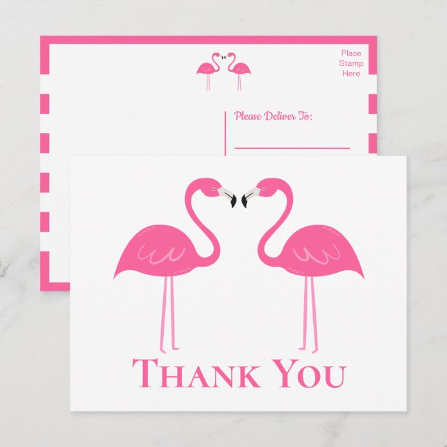 Cartão Postal Casamento Tropical Praia Rosa Flamingo Obrigado (Frente/Verso)