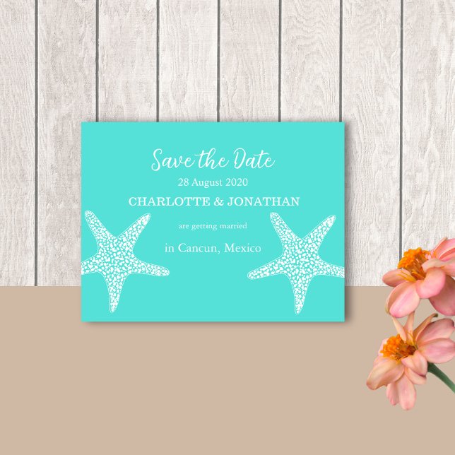 Cartão Postal Casamento Turqoise Modern Tropical Starfish Beach (Criador carregado)
