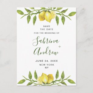 Cartão Postal Casamento Verde Com Lemons Elegantes Salve A Data