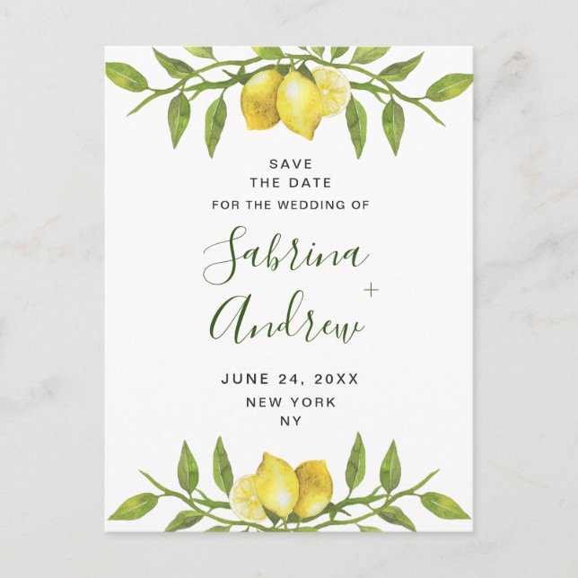 Cartão Postal Casamento Verde Com Lemons Elegantes Salve A Data (Frente)