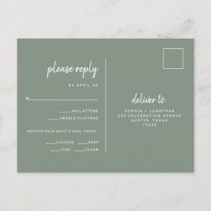 Cartão Postal Casamento Verde de Sage Minimalista   RSVP de opç