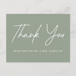 Cartão Postal Casamento Verde Sage Script Casual Obrigado