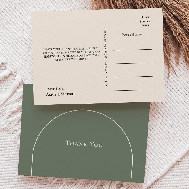 Cartão Postal Casamento Verde Simples Boho Arch Sage Obrigado (Criador carregado)