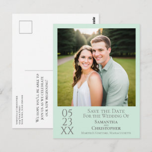 Cartão Postal Casamento Verde Simples Salve a Foto da Data