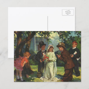 Cartão Postal casamento vintage, Crianças Fingem Noiva e Noiva