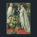 Cartão Postal Casamento vintage, noiva e noiva com Menorah<br><div class="desc">Ilustração Vintage,  amor e cerimônia de casamento romântica,  com uma imagem de um casal se casando em uma bela sinagoga com vitrines coloridas,  flores e uma menorah de sete galhos. A noiva está vestindo um longo vestido branco e o noivo é bonito em seu smoking.</div>