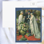 Cartão Postal Casamento vintage, noiva e noiva com Menorah<br><div class="desc">Ilustração Vintage,  amor e cerimônia de casamento romântica,  com uma imagem de um casal se casando em uma bela sinagoga com vitrines coloridas,  flores e uma menorah de sete galhos. A noiva está vestindo um longo vestido branco e o noivo é bonito em seu smoking.</div>