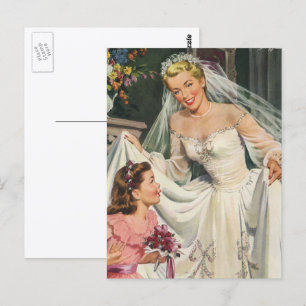 Cartão Postal casamento vintage, Noiva retrô com Flor
