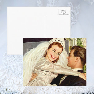 Cartão Postal casamento vintage recém-casados, noiva feliz e no