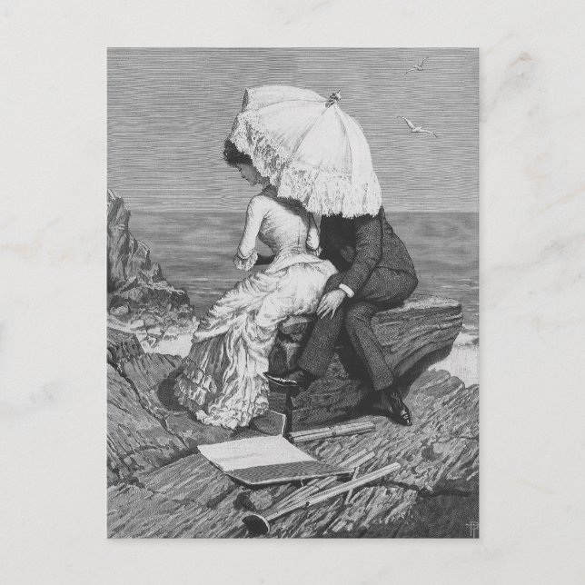 Cartão Postal Casamento vintage, recém-casados pela praia (Frente)