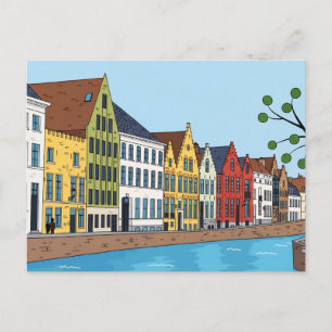 Cartão Postal casas à beira do canal de Bruges vista postal