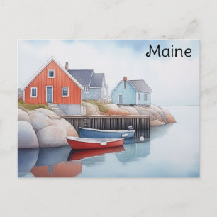 Cartão Postal Casas Coloridas da Costa de Maine Aquarela Viagem
