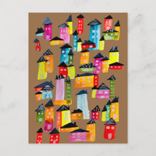 Cartão Postal Casas coloridas fofas arte aquarela