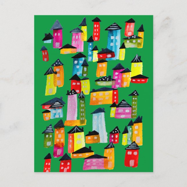 Cartão Postal Casas coloridas fofas arte aquarela (Frente)