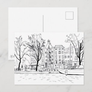 Cartão Postal Casas do Canal de Amsterdã Esboço Preto e Branco