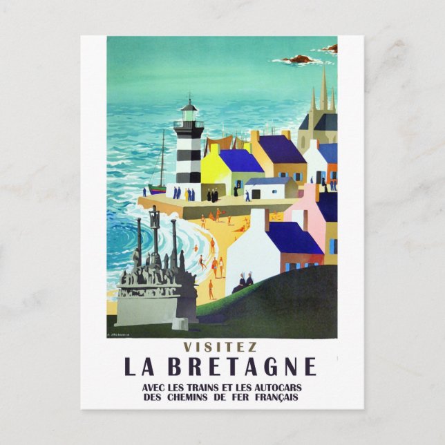 Cartão Postal Casas e farol na costa da Bretanha, França (Frente)