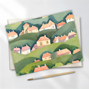 Cartão Postal Casas na Encosta   Pintura Arejada Aquarela Nature