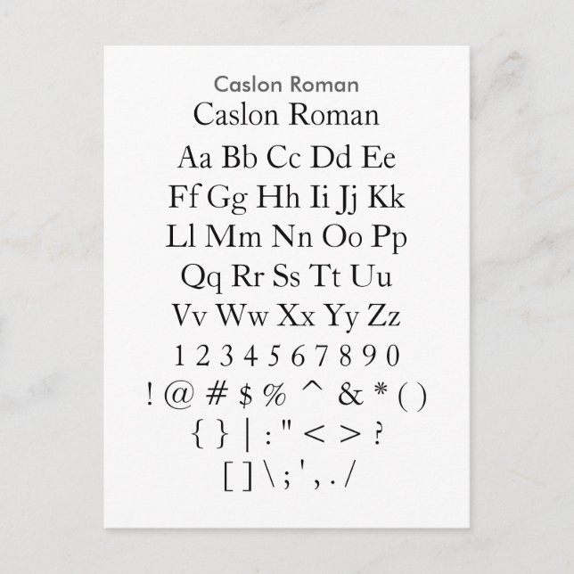 Cartão Postal Caslon Roman - Folha de amostragem de fonte Zazzle (Frente)