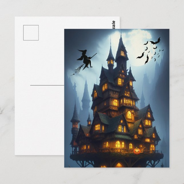 Cartão Postal Castelo Assustador da Bruxa de Halloween  (Frente/Verso)