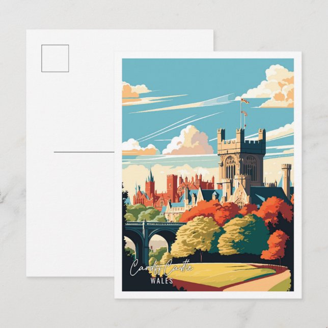 Cartão Postal Castelo de Cardiff País de Gales ilustração de via (Frente/Verso)