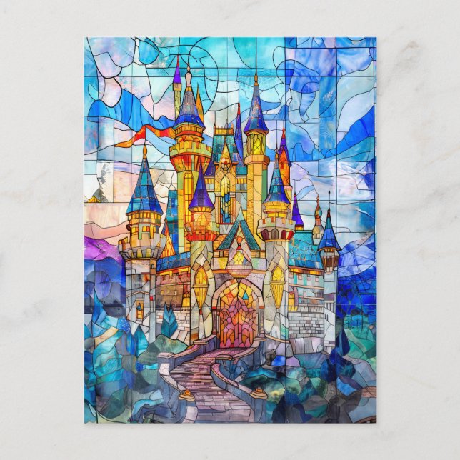 Cartão Postal Castelo de Contos de Fadas com Muitas Torres (Frente)