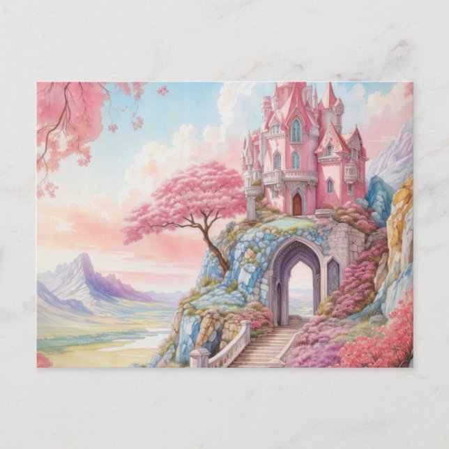 Cartão Postal Castelo de Fantasy de Cor Azul Rosa (Frente)