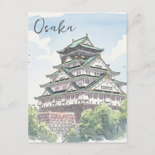 Cartão Postal Castelo de Osaka Japão Aquarela