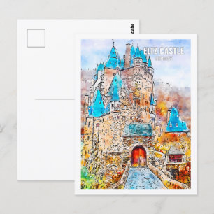 Cartão Postal Castelo Eltz Alemanha Viagem Esboço Aquarela