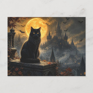 Cartão Postal Castelo Gótico do Gato Preto de Halloween